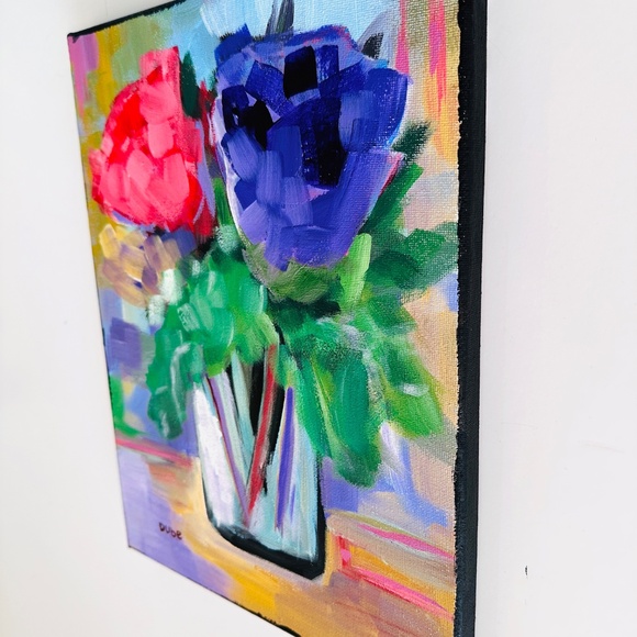 Original Impressionism Collectible Flowers 9"x 12 " Canvas Red Violet Handmade - Picture 4 of 9